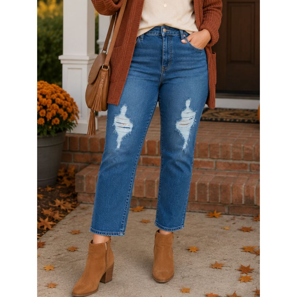 Universal Thread High Rise Slim Straight Jeans 16 Womens Distressed Knee Stretch